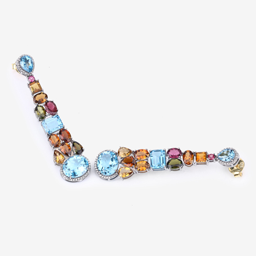 Multi-Color Gemstone Earrings, Natural Blue Topaz, Multi-Tourmaline with Diamond Sterling Silver Dangle Drop Earrings, Birthstone Earrings