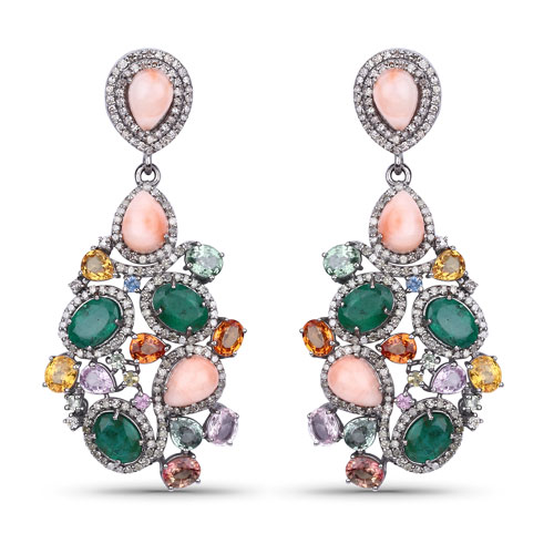 Earrings-Multi-Color Gemstone Earrings, Natural Emerald, Coral, Multi-Sapphire with Diamond Dangle Sterling Silver Earrings, Statement Earrings