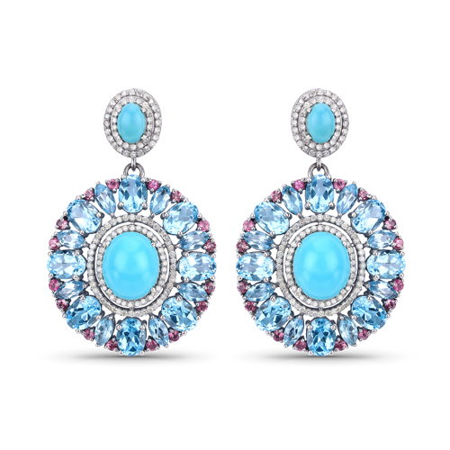 Earrings-Multi-Gemstone Earrings, Turquoise, London Blue Topaz, Pink Topaz with Diamond Dangle Sterling Silver Earrings, Statement Earrings