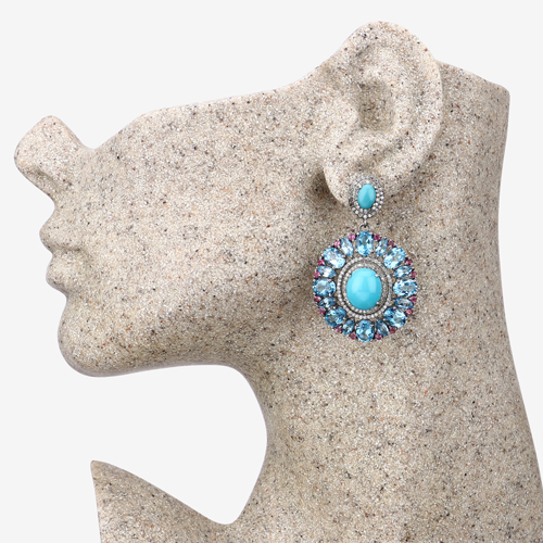 Multi-Gemstone Earrings, Turquoise, London Blue Topaz, Pink Topaz with Diamond Dangle Sterling Silver Earrings, Statement Earrings