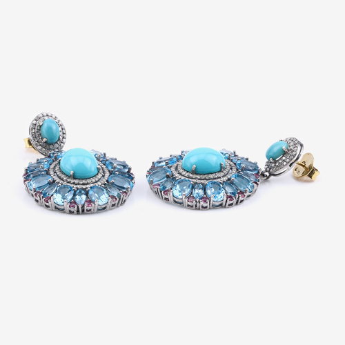 Multi-Gemstone Earrings, Turquoise, London Blue Topaz, Pink Topaz with Diamond Dangle Sterling Silver Earrings, Statement Earrings