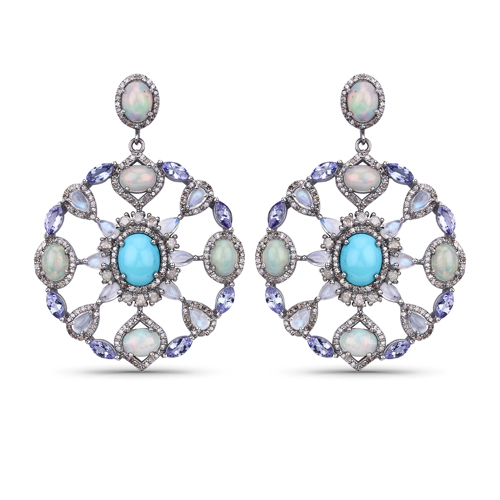 Earrings-Multi-Gemstone Earrings, Natural Turquoise, Tanzanite, Ethiopian Opal with Diamond Sterling Silver Dangle Earrings, Statement Earrings