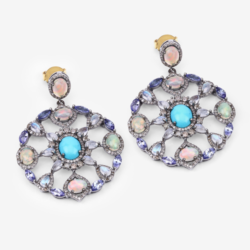 Multi-Gemstone Earrings, Natural Turquoise, Tanzanite, Ethiopian Opal with Diamond Sterling Silver Dangle Earrings, Statement Earrings