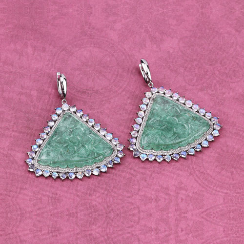 116.46 Carat Genuine Rainbow, Green Jade and White Diamond .925 Sterling Silver Earrings