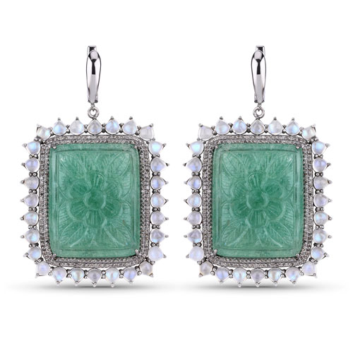 Earrings-89.04 Carat Genuine Rainbow, Green Jade and White Diamond .925 Sterling Silver Earrings