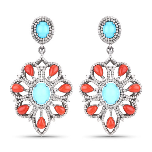 Earrings-16.75 Carat Genuine Coral, Turquoise and White Diamond .925 Sterling Silver Earrings