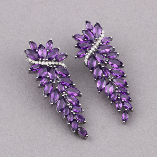 17.91 Carat Genuine Amethyst and White Diamond .925 Sterling Silver Earrings