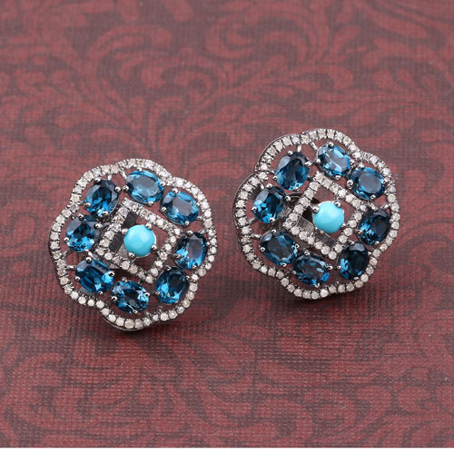 7.91 Carat Genuine London Blue Topaz, Turquoise and White Diamond .925 Sterling Silver Earrings
