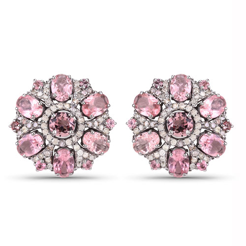 Earrings-8.06 Carat Genuine Pink Tourmaline and White Diamond .925 Sterling Silver Earrings