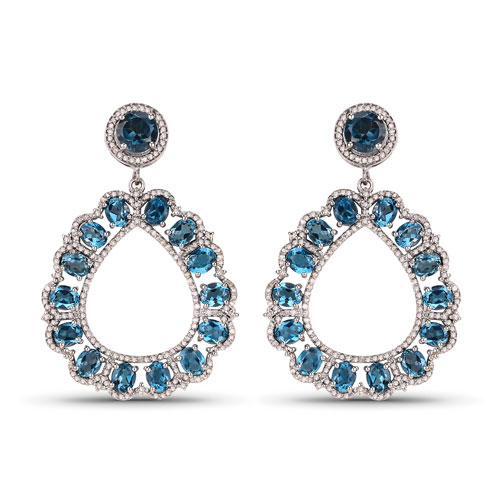 Earrings-15.52 Carat Genuine London Blue Topaz and White Diamond .925 Sterling Silver Earrings