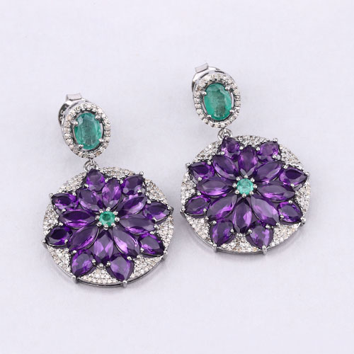 17.71 Carat Genuine Amethyst, Emerald and White Diamond .925 Sterling Silver Earrings