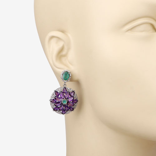 17.71 Carat Genuine Amethyst, Emerald and White Diamond .925 Sterling Silver Earrings