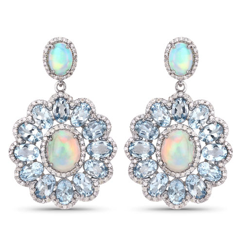 Earrings-16.27 Carat Genuine Aquamarine, Opal and White Diamond .925 Sterling Silver Earrings