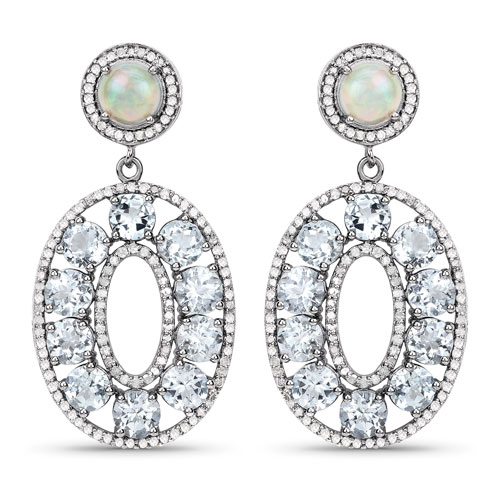 Earrings-11.82 Carat Genuine Aquamarine, Opal and White Diamond .925 Sterling Silver Earrings