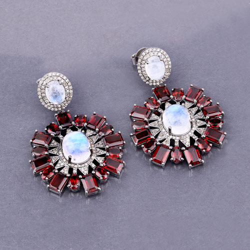 46.55 Carat Genuine Garnet, Rainbow and White Diamond .925 Sterling Silver Earrings