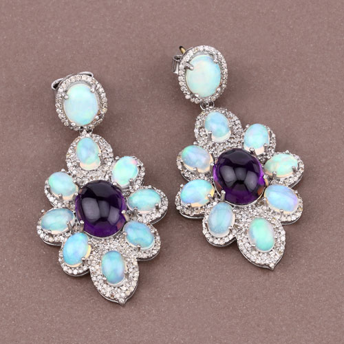 25.40 Carat Genuine Opal, Amethyst and White Diamond .925 Sterling Silver Earrings