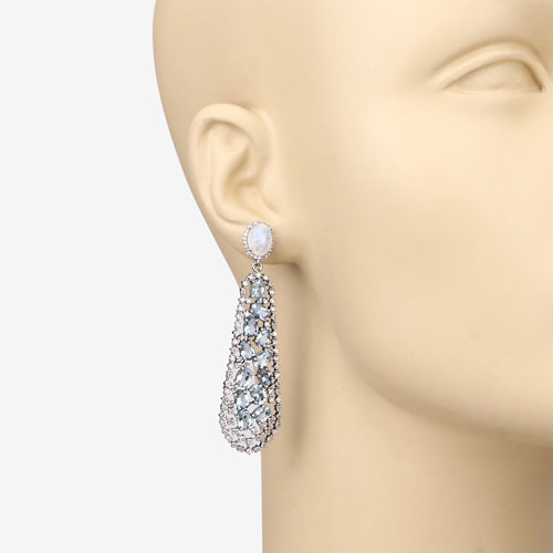 16.85 Carat Genuine Aquamarine, Rainbow and White Diamond .925 Sterling Silver Earrings