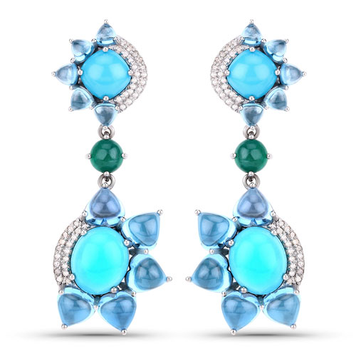 Earrings-38.95 Carat Genuine Blue Topaz, Turquoise and White Diamond .925 Sterling Silver Earrings