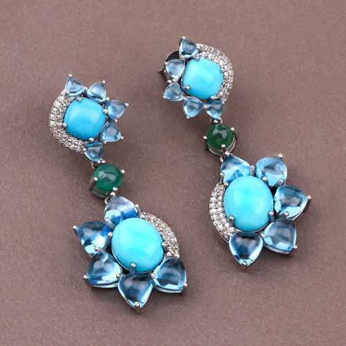 38.95 Carat Genuine Blue Topaz, Turquoise and White Diamond .925 Sterling Silver Earrings