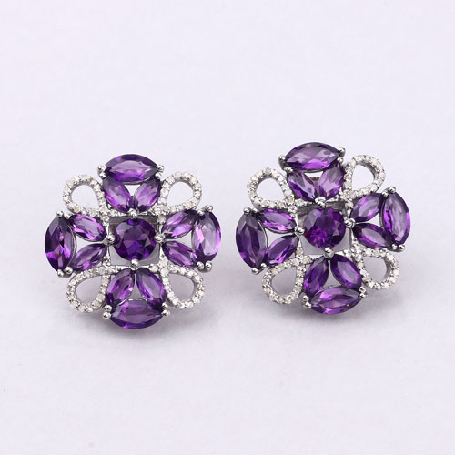 9.76 Carat Genuine Amethyst and White Diamond .925 Sterling Silver Earrings