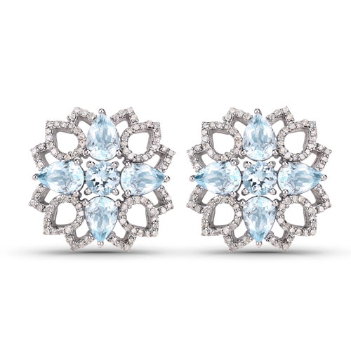 Earrings-6.10 Carat Genuine Aquamarine and White Diamond .925 Sterling Silver Earrings