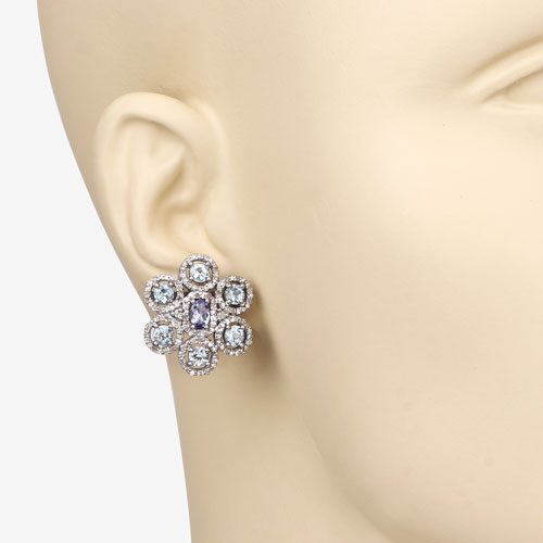 5.19 Carat Genuine Aquamarine, Tanzanite and White Diamond .925 Sterling Silver Earrings
