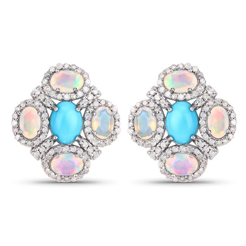 Opal-5.15 Carat Genuine Opal, Turquoise and White Diamond .925 Sterling Silver Earrings