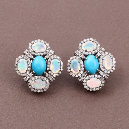 5.15 Carat Genuine Opal, Turquoise and White Diamond .925 Sterling Silver Earrings