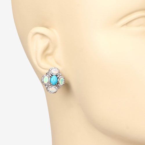 5.15 Carat Genuine Opal, Turquoise and White Diamond .925 Sterling Silver Earrings