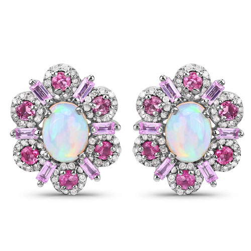 Opal-3.84 Carat Genuine Multi Stones and White Diamond .925 Sterling Silver Earrings