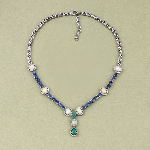 Necklaces-21.19 Carat Genuine Multi Gemstones .925 Sterling Silver Necklace