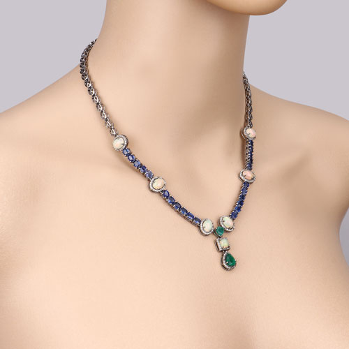 28.82 Carat Genuine Multi Gemstones .925 Sterling Silver 2 Piece Jewelry Set (Necklace and Earrings)