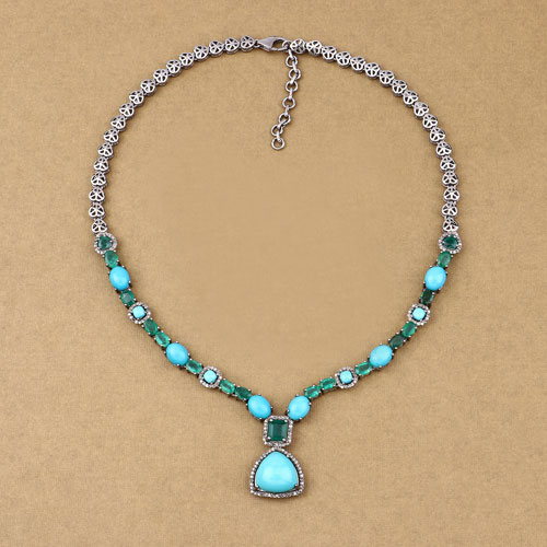 Necklaces-27.85 Carat Genuine Multi Gemstones .925 Sterling Silver Necklace