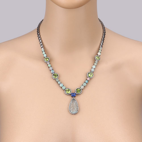 46.00 Carat Genuine Multi Gemstones .925 Sterling Silver 2 Piece Jewelry Set (Necklace and Earrings)