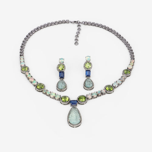 46.00 Carat Genuine Multi Gemstones .925 Sterling Silver 2 Piece Jewelry Set (Necklace and Earrings)