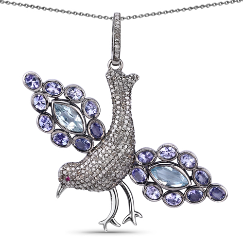 Multi-Gemstone Pendant, Natural Tanzanite, Blue Topaz and Diamond Sterling Silver Bird Pendant Necklace, Animal Jewelry, Statement Necklace