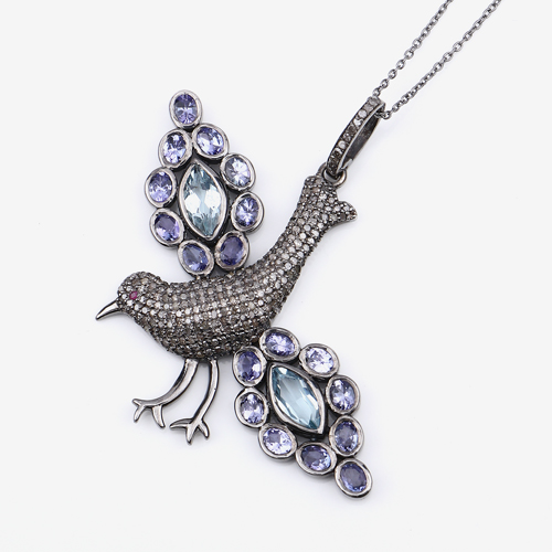 Multi-Gemstone Pendant, Natural Tanzanite, Blue Topaz and Diamond Sterling Silver Bird Pendant Necklace, Animal Jewelry, Statement Necklace