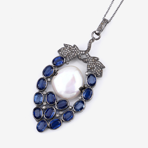Multi-Gemstone Pendant, Natural Kyantie, Pearl with Diamond Sterling Silver Pendant Necklace, Statement Pendant Necklace, Anniversary Gift