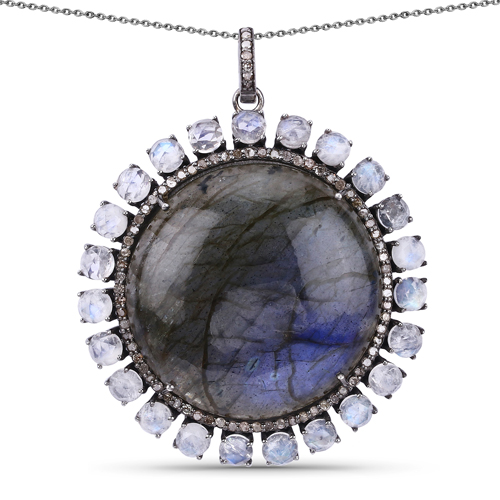 Pendants-Multi-Gemstone Pendant, Natural Labradorite, Rainbow Crystal with Diamond Sterling Silver Pendant Necklace, Statement Pendant Necklace