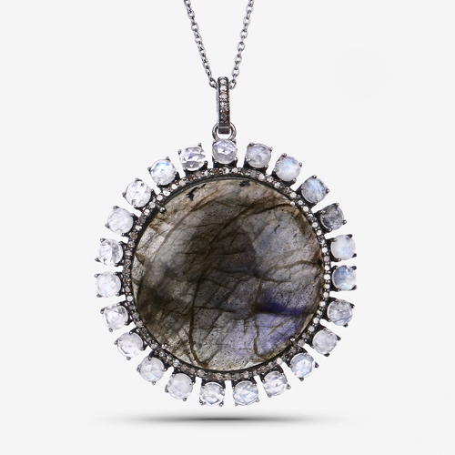 Multi-Gemstone Pendant, Natural Labradorite, Rainbow Crystal with Diamond Sterling Silver Pendant Necklace, Statement Pendant Necklace