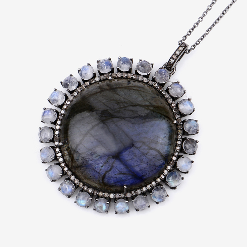 Multi-Gemstone Pendant, Natural Labradorite, Rainbow Crystal with Diamond Sterling Silver Pendant Necklace, Statement Pendant Necklace