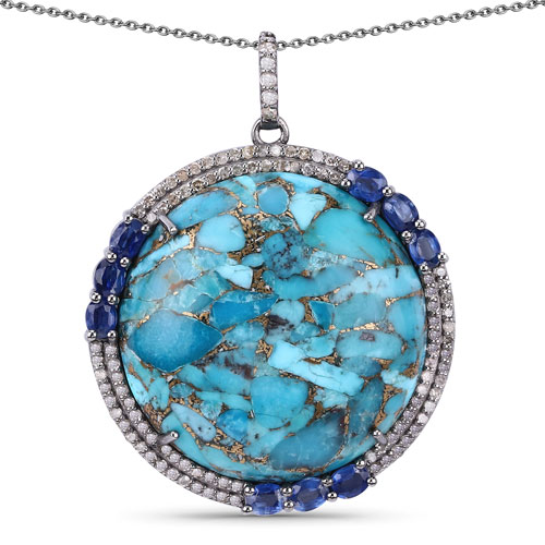 Pendants-Multi-Color Gemstone Pendant, Turquoise, Kyanite with Diamond Black Rhodium Plated Sterling Silver Pendant Necklace, Anniversary Gift