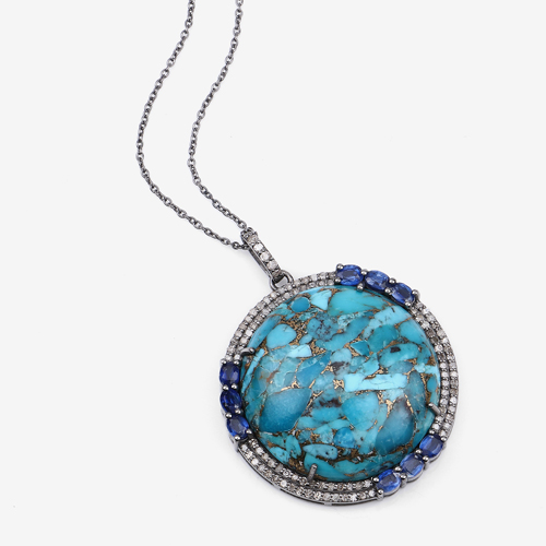 Multi-Color Gemstone Pendant, Turquoise, Kyanite with Diamond Black Rhodium Plated Sterling Silver Pendant Necklace, Anniversary Gift