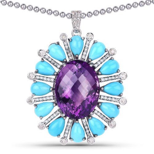 Pendants-35.45 Carat Genuine Turquoise, Amethyst and White Diamond .925 Sterling Silver Pendant