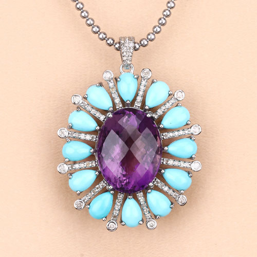 35.45 Carat Genuine Turquoise, Amethyst and White Diamond .925 Sterling Silver Pendant