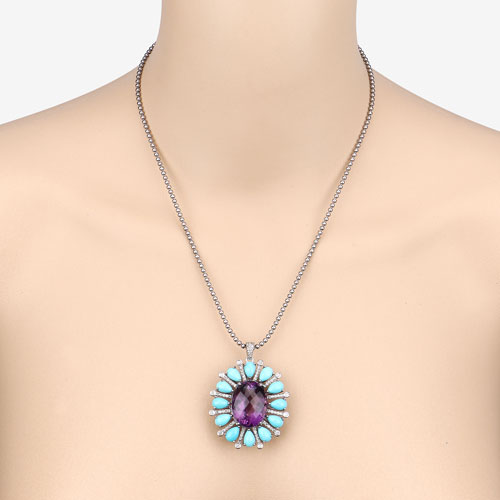 35.45 Carat Genuine Turquoise, Amethyst and White Diamond .925 Sterling Silver Pendant