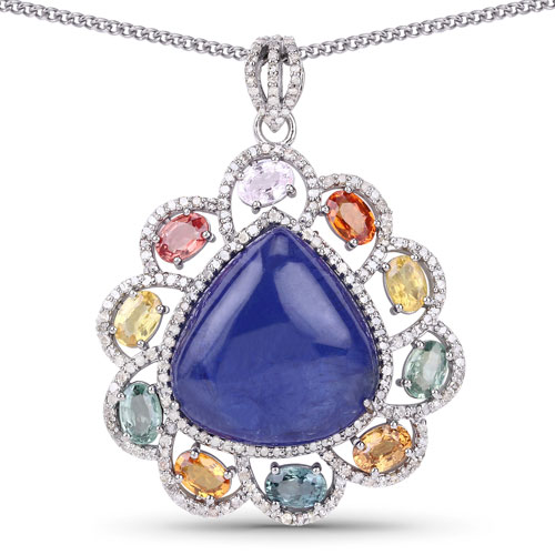 Sapphire-44.65 Carat Genuine Multi Sapphire, Tanzanite and White Diamond .925 Sterling Silver Pendant