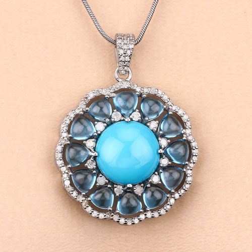 17.20 Carat Genuine Blue Topaz, Turquoise and White Diamond .925 Sterling Silver Pendant