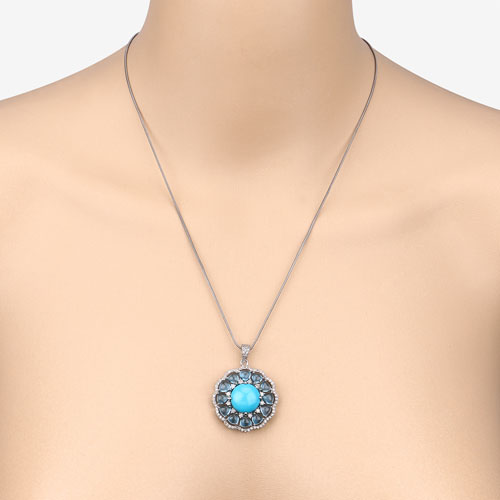 17.20 Carat Genuine Blue Topaz, Turquoise and White Diamond .925 Sterling Silver Pendant