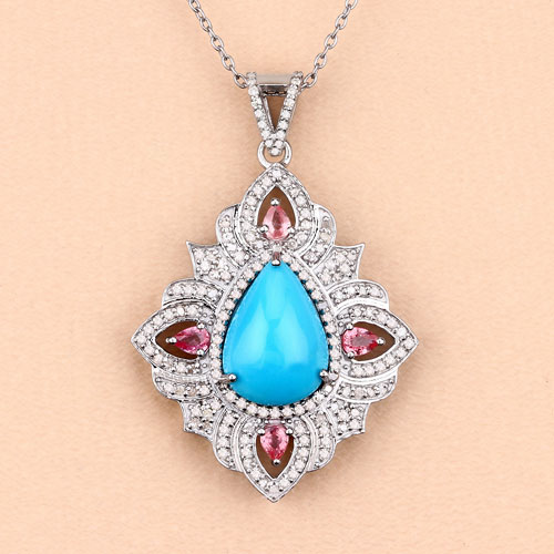8.60 Carat Genuine Pink Tourmaline, Turquoise and White Diamond .925 Sterling Silver Pendant